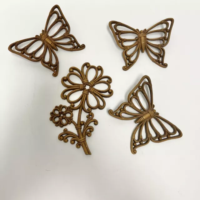 Vintage MCM 3D Butterfly Set of 3 Flower Syroco / Homco Brown Wall Plaques Art