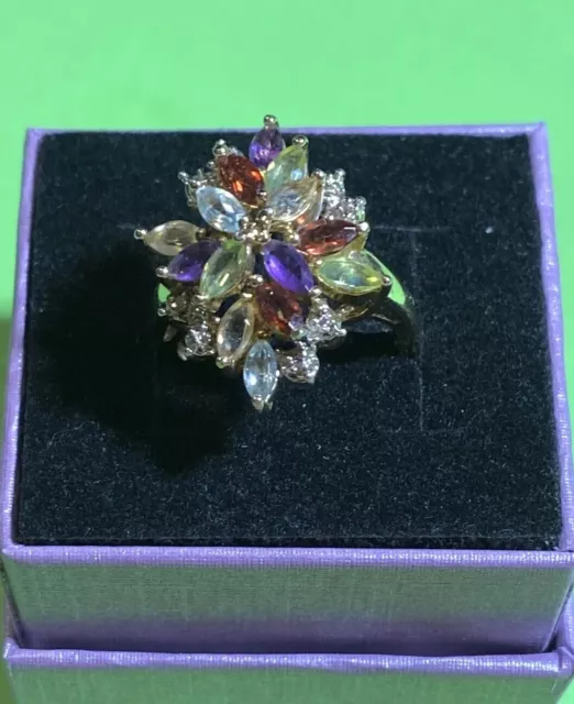 Designer Sterling Silver Garnet Peridot Amethyst Citrine Cluster Gold 925 Ring 8