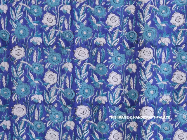 Indio Flores Azul Mano Bloque Impreso Tela de Algodón Costura Telas por Yardas