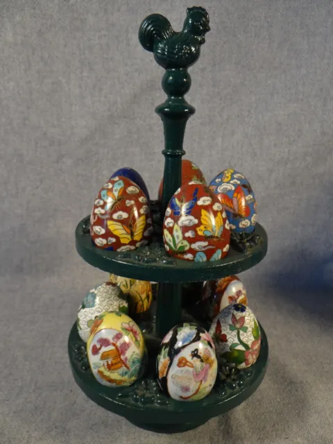 Japanese vintage cloisonné & porcelain egg collection & cast iron display stand