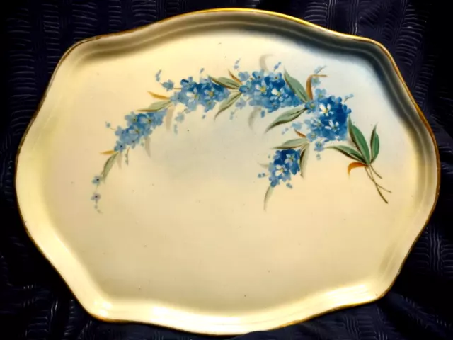 WG & Co Limoges France Hand Painted Porcelain Tray Blue Delphinium Floral Signed