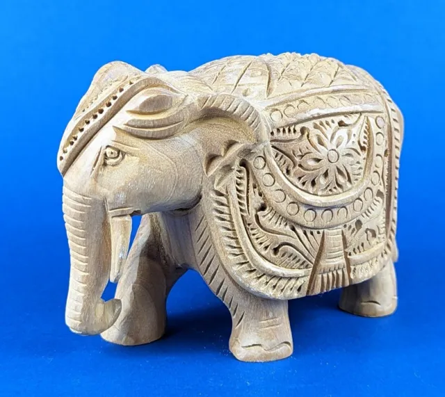 Hand Made/Carved Miniature Wooden Elephant Statue Fine Detailed India Figurine