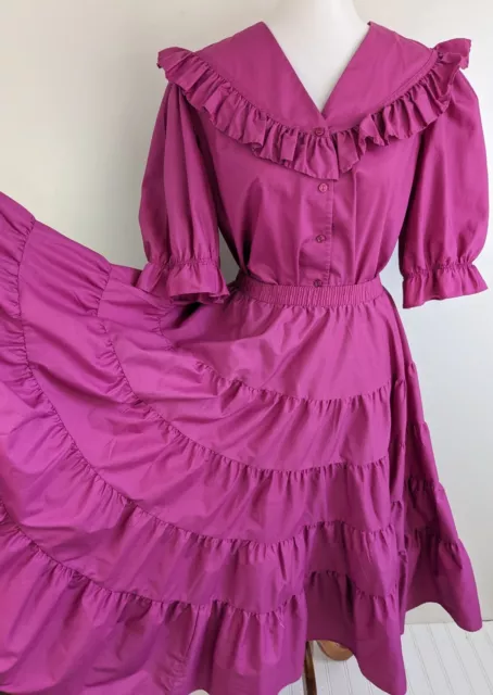 Vtg Malco Modes 2 Pc Square Dance Dress Ruffle Full Circle Skirt Top Set M L USA