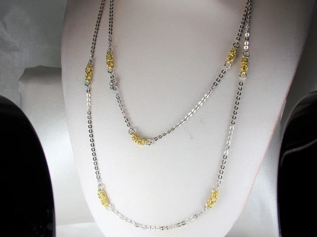 14k White & Yellow Gold Sparkle Cut Oval Link & Byzantine Chain 33" Necklace