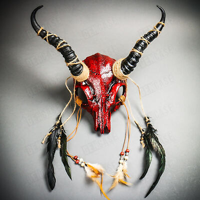 Antelope Devil Animal Skull Impala Horns Halloween Masquerade Mask Headgear RED
