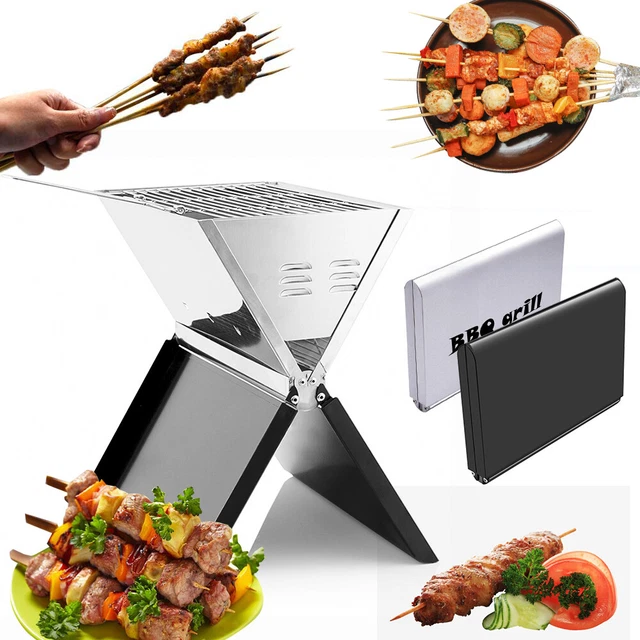 Tragbarer Klappgrill Schwarz/Silber Edelstahl Grillgrill BBQ Garten Campinggrill