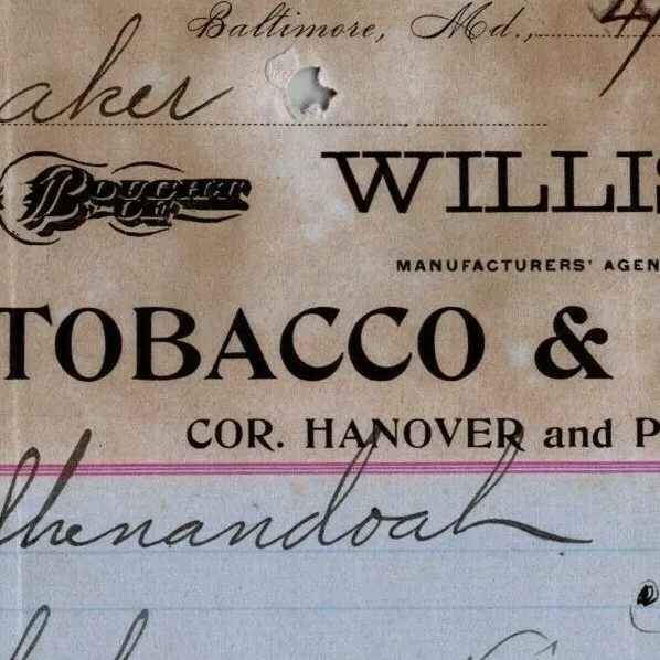 1898 Letterhead Billhead Willis & Co. Tobacco Cigars Baltimore Ephraim Baker*