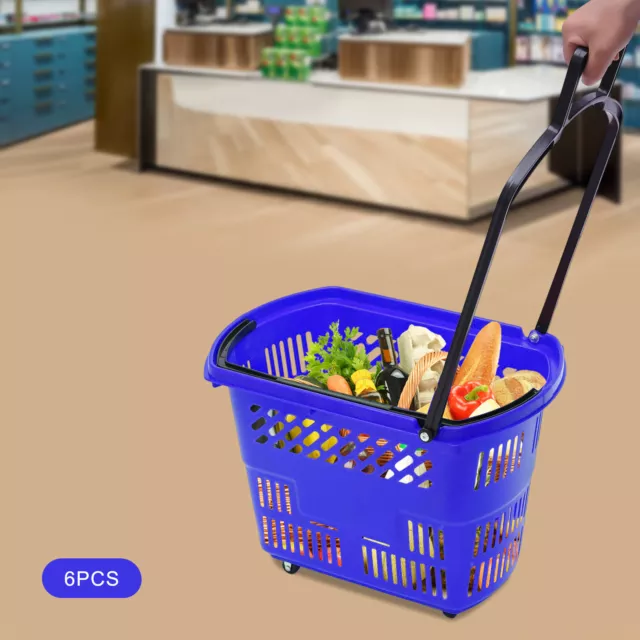 6Pcs Blue Shopping Basket Plastic Rolling Shopping Basket with Wheels and Handle 3