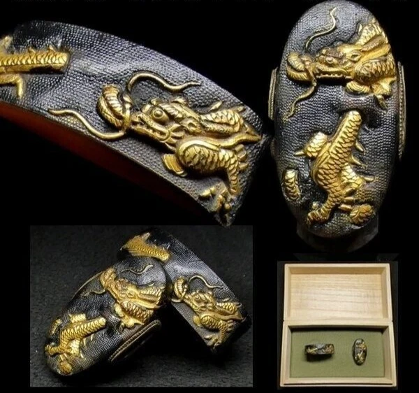 Fuchigashira Tsuba Japanese Sword Fittings Japan Antique Lurking Dragon Copper