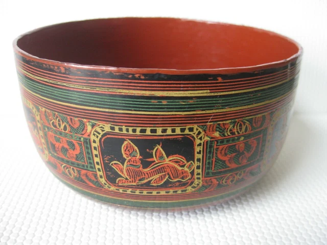 Burmese Yun-de Lacquer Bowl 4 3/8" Hintha & Zodiac Symbol Red Black Yellow Green
