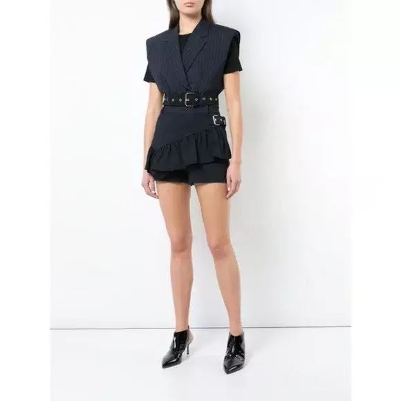 3.1 Phillip Lim Mini Shorts Buckle Navy Blue Ruffle Apron Womens Size 4 Skort