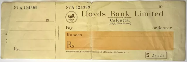 Early 20th Century Lloyds Bank Limited Calcutta Blank Cheque (W1)