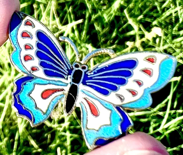 Vintage Enamel Silver Butterfly Brooch Pin Estate Signed Bug Korea Antique 40's