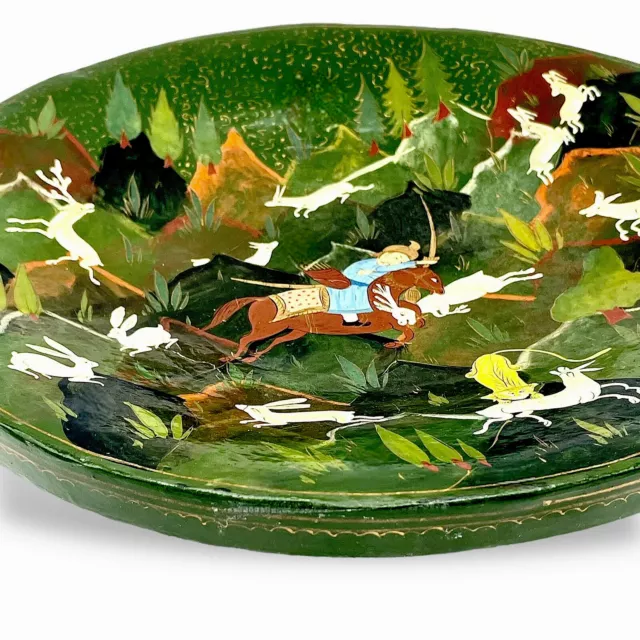 HUNT SCENE BOWL Platter Kashmiri Hand Painted Papier Mache Mughal Folk Art India