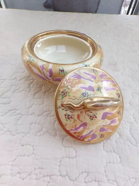 Ancien sucrier Art-Déco en céramique dorée-Monte Carlo-décor japonais 2