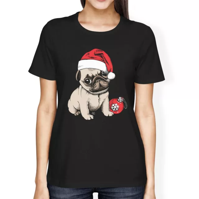 1Tee Womens Loose Fit Puppy Pug Wearing Santa's Hat, Cute Christmas T-Shirt