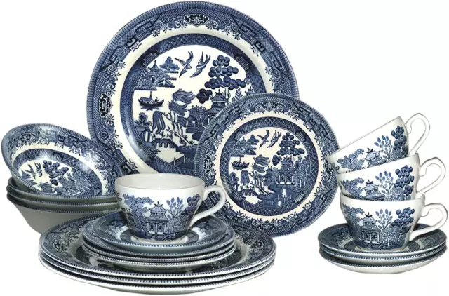 Churchill Blue Willow Plates Bowls Cups 20 Piece Dinnerware Set NEW