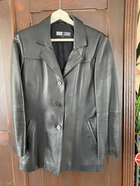 Veste En Cuir D'agneau Pleine Fleur Vintage Des Années 80 - Taille 40 - Style Bomber Sans Col - Noir Et Rouge