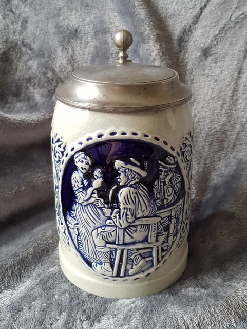 German Beer Stein Tankard Original King 2 Cobalt Blue Grey Pewter Dome Lid 1pint