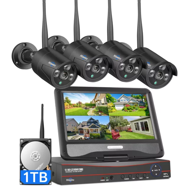 Hiseeu 10"LCD 10CH 2K NVR WiFi IP Outdoor Wireless Security Camera System CCTV