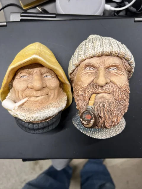 RARE Pair Of Vtg 1990 Bossons Chalkware Head FISHERMEN Congleton England (I6)