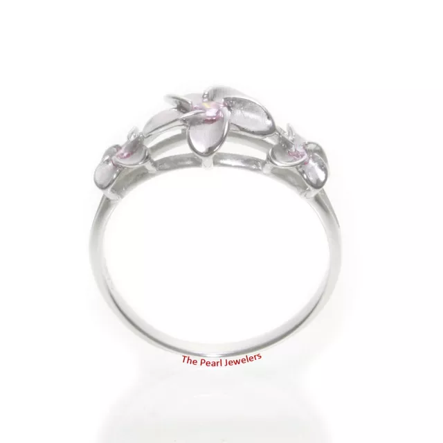 Solid 925 Sterling Silver Hawaiian Plumeria Ring with Pink Cubic Zirconia - TPJ