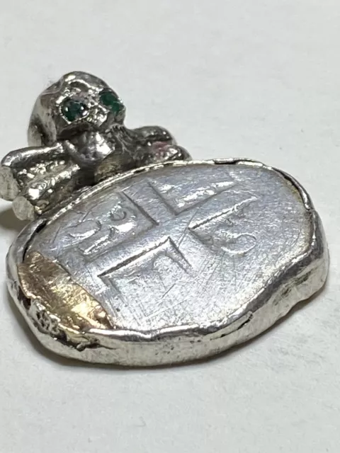 Authentic Spanish 2-Reales Silver Shipwreck Cob Coin in Pirate Bezel w/ Emeralds