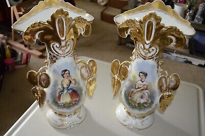 Victorian Vase Ornate Gold Leaf Baroque Painted Art Nouveau Antique Pair VTG