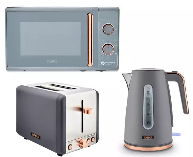 TOWER Rose Gold White MANUAL Microwave, 1.7L Quiet Boil Kettle & 4