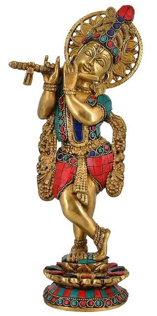 Statue Seigneur Krishna Et Radha - Sculpture Religieuse Hindoue En Résine Multicolore