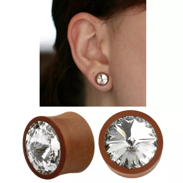Pair CZ Crystal Core Wood Carved Double Flare Ear Gauges Plugs Jewels 2G - 5/8"