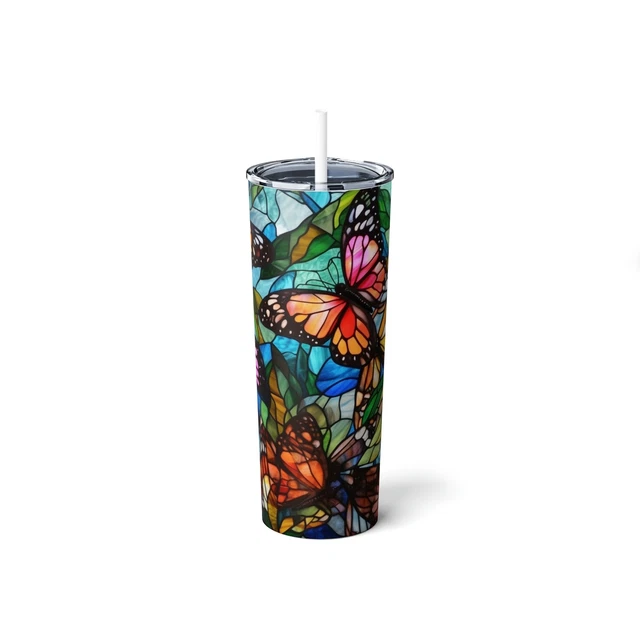 Butterfly Stained Glass 2 Skinny Steel Tumbler with Straw, 20oz