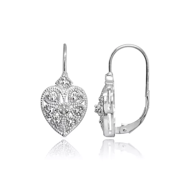 Sterling Silver Diamond Accent Filigree Flower Heart Leverback Drop Earrings