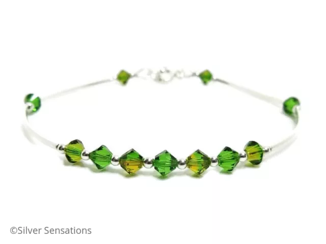 Elegant Sterling Silver Bangle Bracelet With Green & Yellow Swarovski Crystals