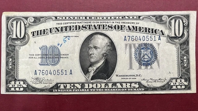1934 Ten Dollar Silver Certificate Note $10 Bill Blue Seal Circulated #58856