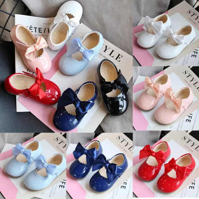 Baby Girls Spanish Bow Shoes Mary Jane Wedding Party Patent Children Flat Shoes