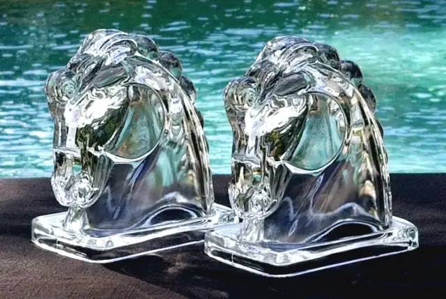 Pair of Vintage FEDERAL GLASS (circa 1940's) Clear Glass HORSE HEAD Bookends