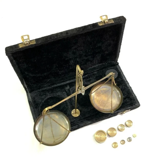 Antique Finish Brass Jewellery Balance Scale with Velvet Box Goldsmith Weight Ba