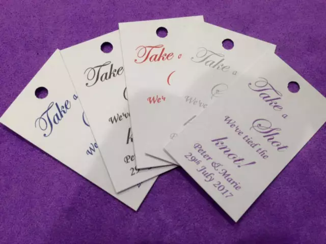 50 x Personalised Wedding Favour Tags, Take a shot, Thankyou