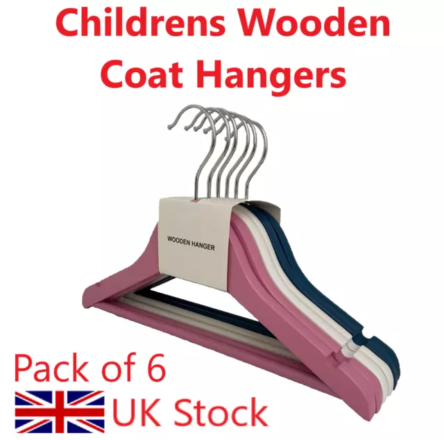 Wooden Coat Hangers with Bar Children's Pink White Blue 6 Pack Premium Quality