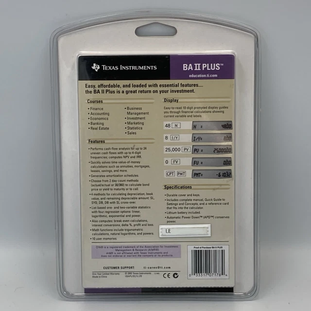 Texas Instruments Cfa TEXAS INSTRUMENTS BA II Plus Financial Calculator CFA 2002 $34.68 ...