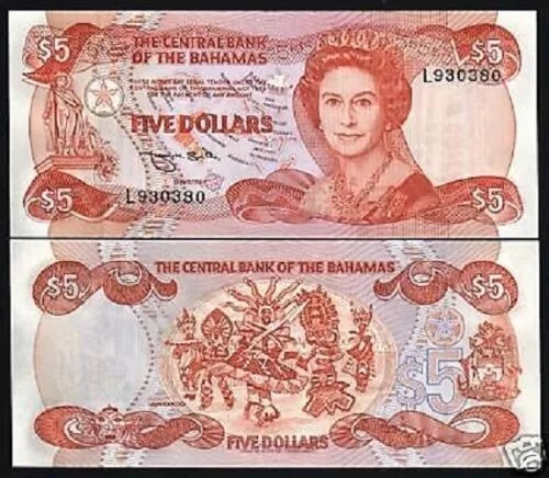 Bahamas 5 Dollars P-45 1974 (1984) Queen QEII Elizabeth England UNC Currency