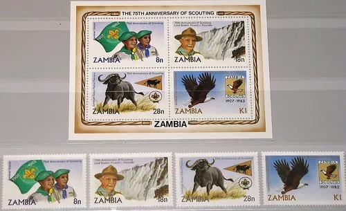 ZAMBIA SAMBIA 1982 273-76 Block 11 268-271a Boy Scouts Pfadfinder Animals MNH