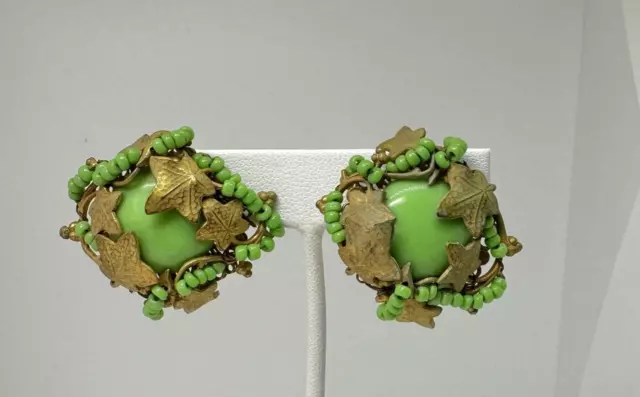 Miriam Haskell Signed Earrings Russian Gilt Leaves Green Art Glass Early RARE!