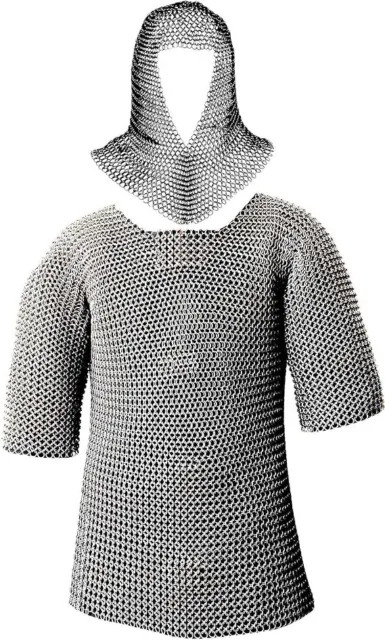 Half Sleeves Chainmail Shirt with Coif Medieval Knight Armor Costume