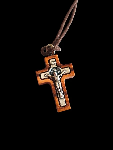 St Saint Benedict Crucifix Cross Olive Wood Catholic Pendant Necklace