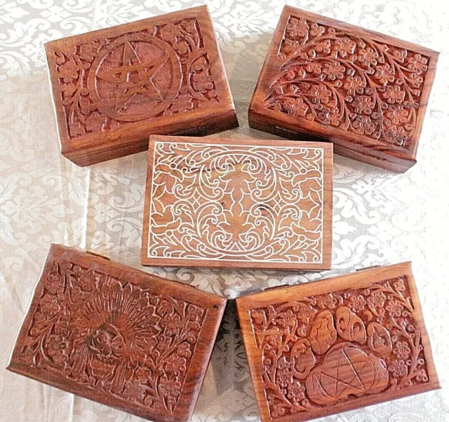 Box Carved Wood Tarot Card Deck Crystal Wicca New Age Spiritual Jewelry Engraved