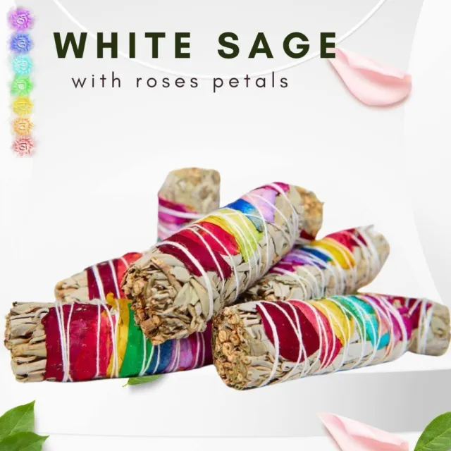 Rose Petal & White Sage Smudge Stick 4'' long 10X Chakra Wands Bundle California