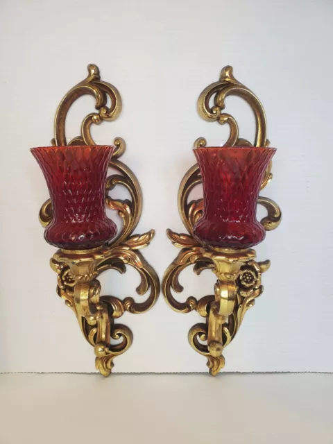 VTG MCM Pair Of Syroco Gold Colored Candle Sconces With Red Glass Made In USA