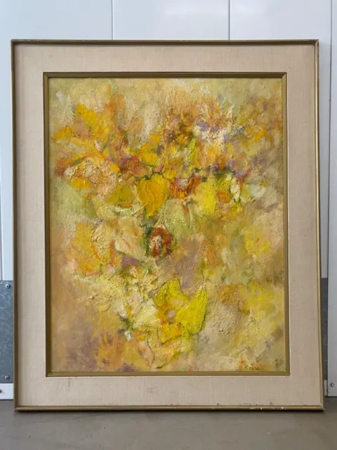 🔥 Vintage Old Mid Century Modern Floral Abstract Oil Painting, Raines 1950s